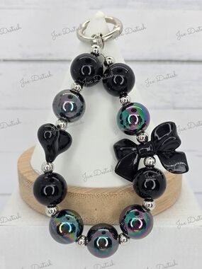 Black Iridescent Beaded Bow & Heart Phone/Key Lanyard CH4370